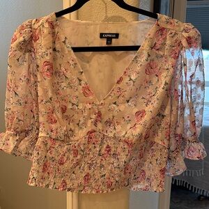 Express Floral V-Neck Blouse - Cream and Pink